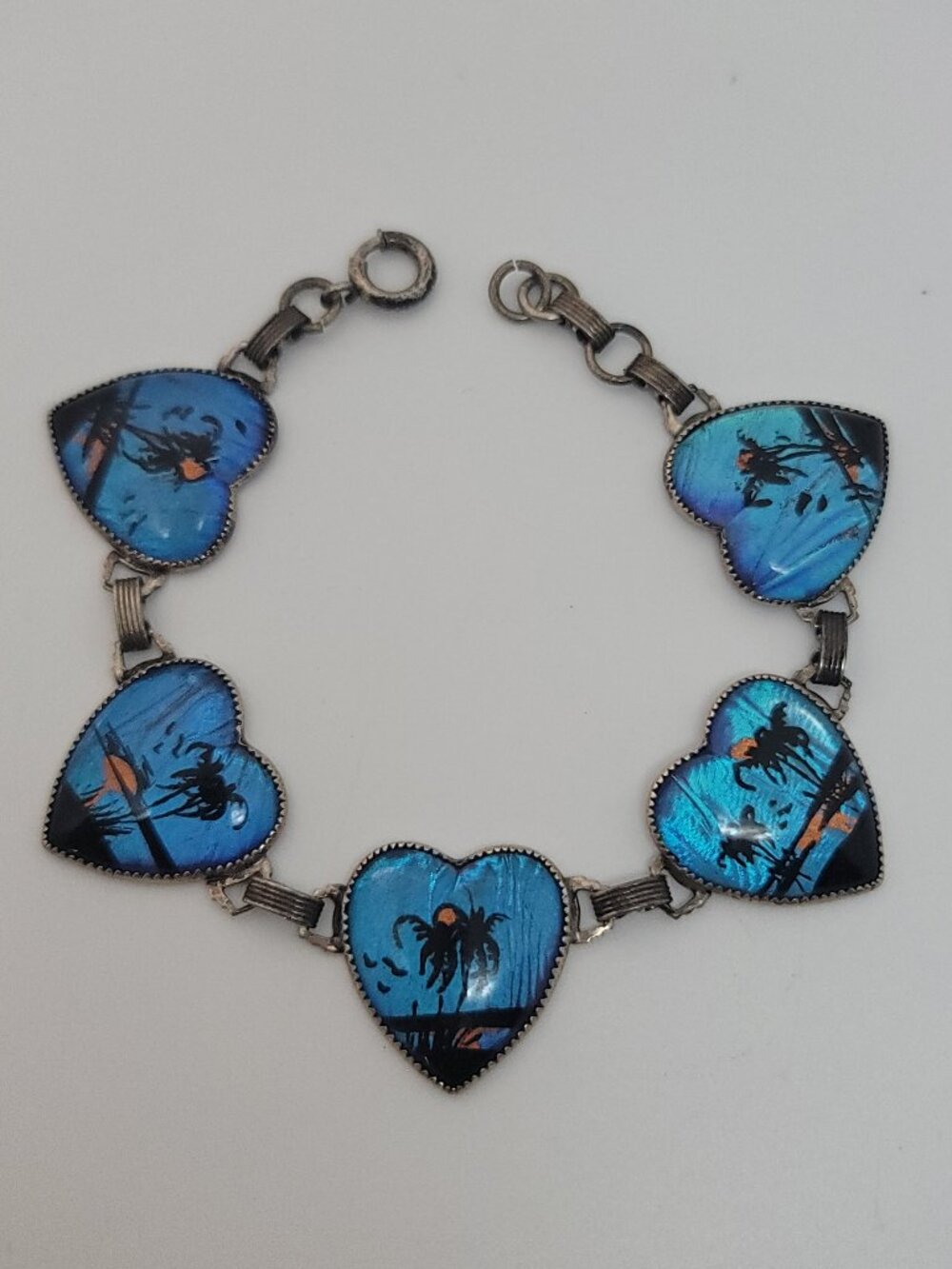 Vintage Sterling Butterfly Wing, Heart Panel, Tropical Scene Bracelet by Hoffman